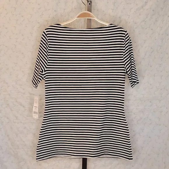 Elle, size L, front wrapped, mid-length sleeve, knit top blk/wht  stripe. NWOT. - Picture 12 of 12